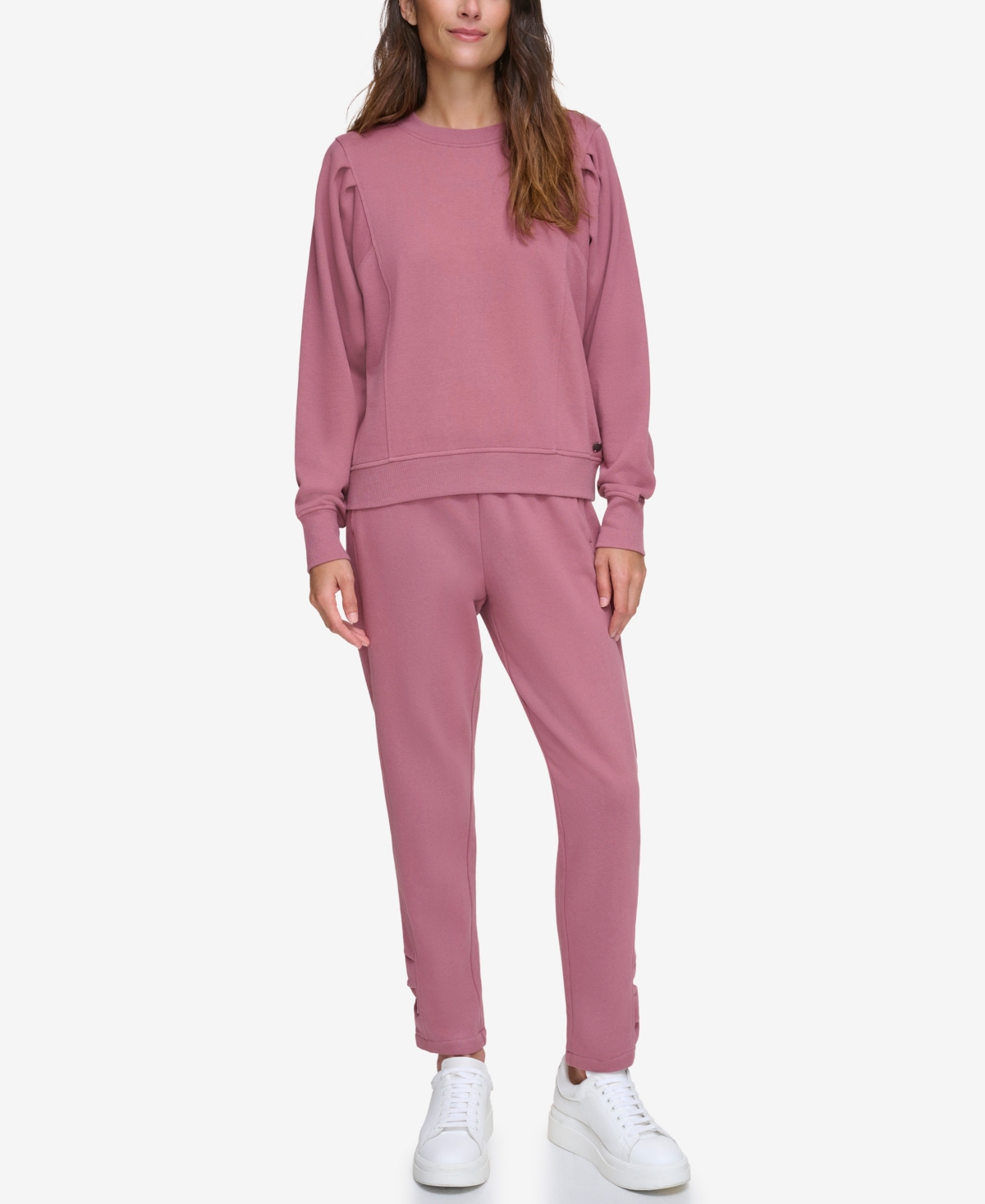 Andrew Marc Sport Women's Fleece Crew Neck Sweatshirt with Pleated Shoulder Detail