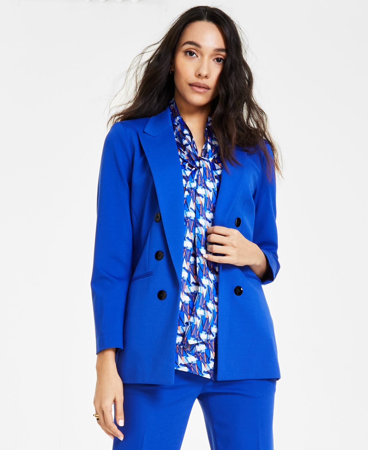 Women's Compression Faux-Double-Breasted Blazer, Created for Macy's - Deep Blue