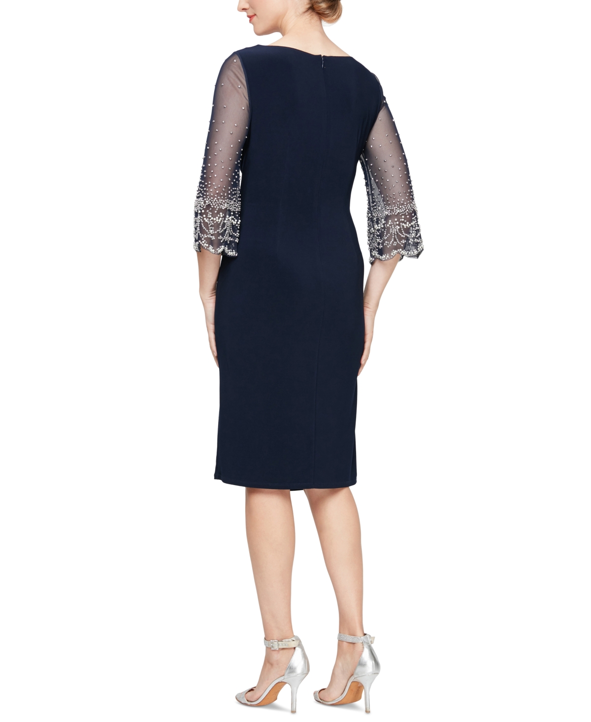 Shop Alex Evenings Women's Beaded-sleeve Twist-front Dress In Dark Navy