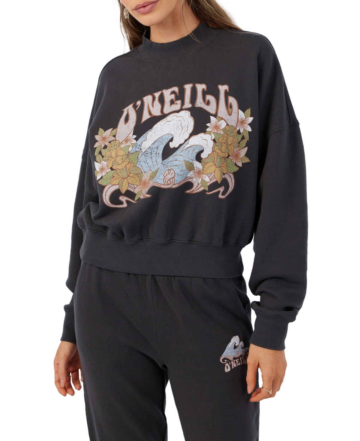 Shop O'neill Juniors' Moment Graphic Crop Cotton Sweatshirt In Washed Black