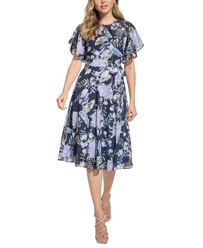 Jessica Howard Women's Flutter-Sleeve Belted Midi Dress - Macy's
