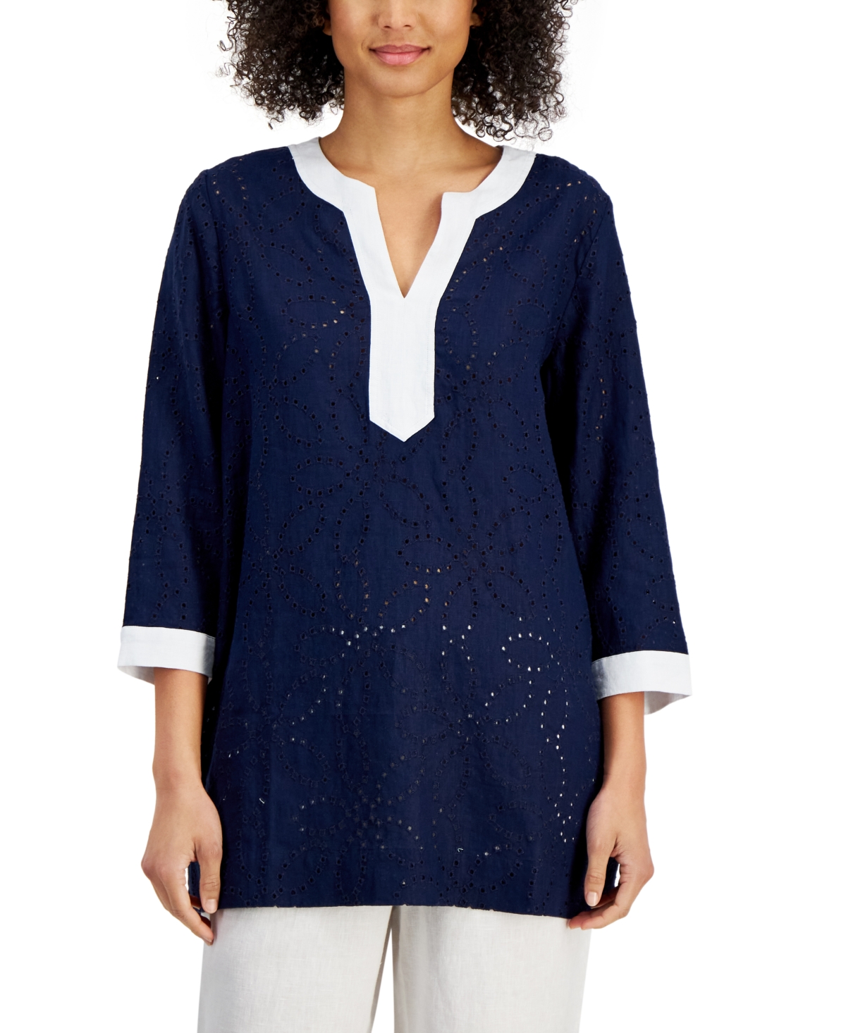 Linen Petite Colorblocked Eyelet 3/4 Sleeve Splitneck Linen Tunic Top, Created for Macy's - Intrepid Blue
