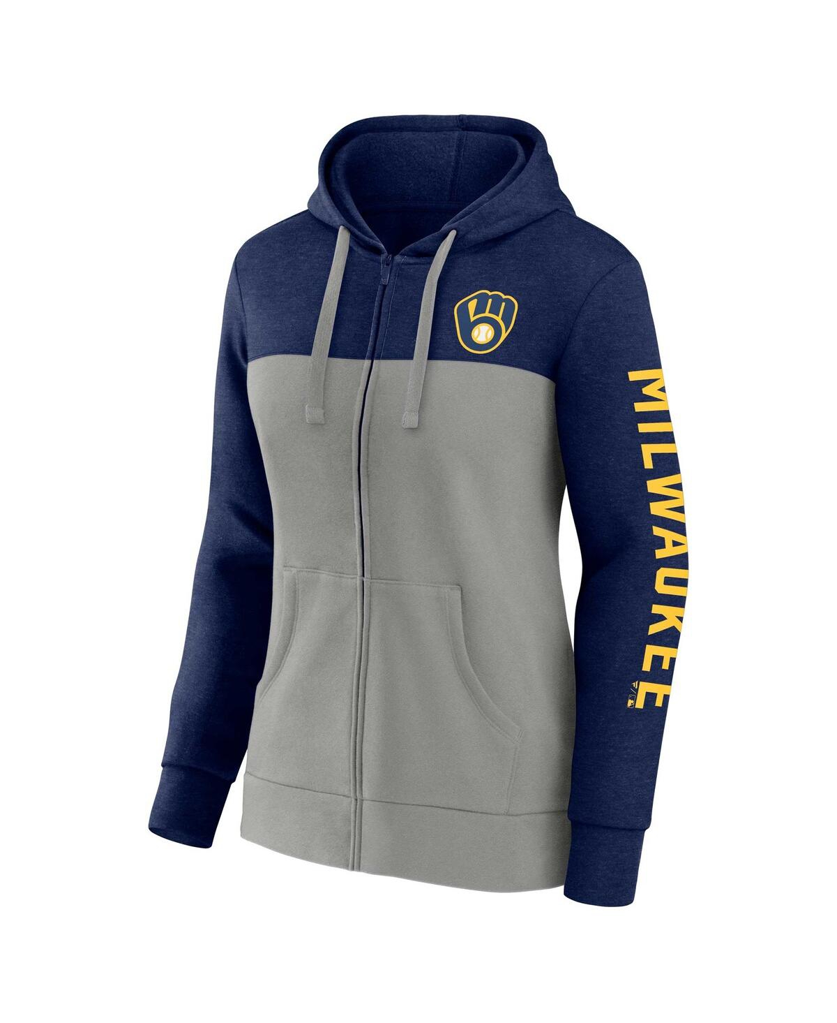 Shop Fanatics Women's  Navy, Gray Milwaukee Brewers City Ties Hoodie Full-zip Sweatshirt In Navy,gray