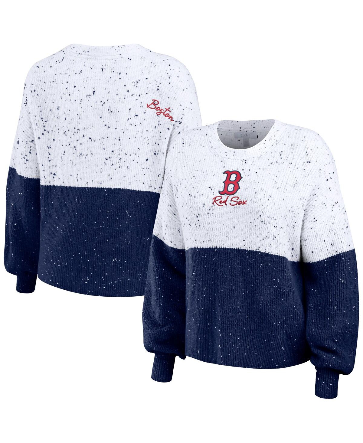 Women's Wear by Erin Andrews White, Navy Boston Red Sox Color Block Script Pullover Sweater - White, Navy