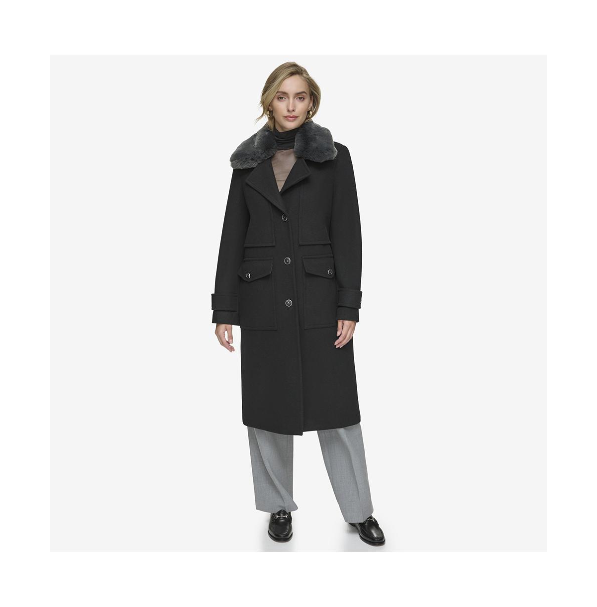 Andrew Marc Faux Fur Collar Wool Blend Coat In Black