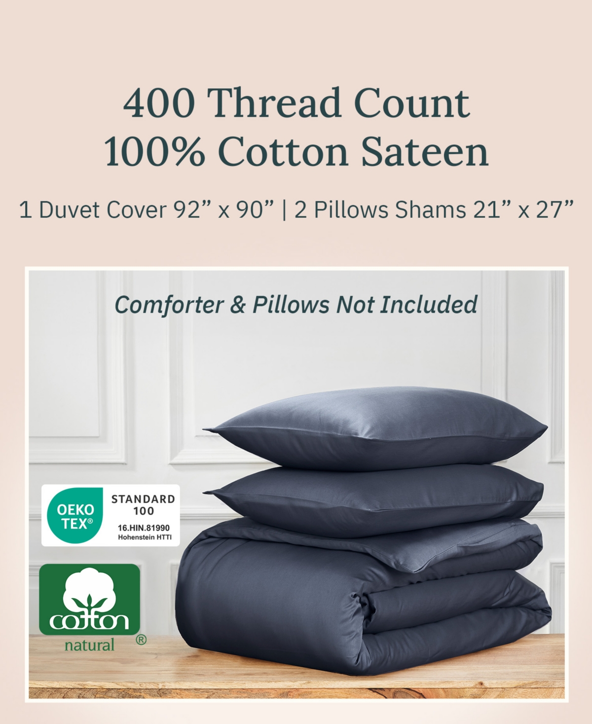 California Design Den Luxury 3-Piece Duvet Cover Set - 400 Thread Count 100% Cotton Sateen, Button Closure & Corner Ties, Comforter Cover with 2 Pillo