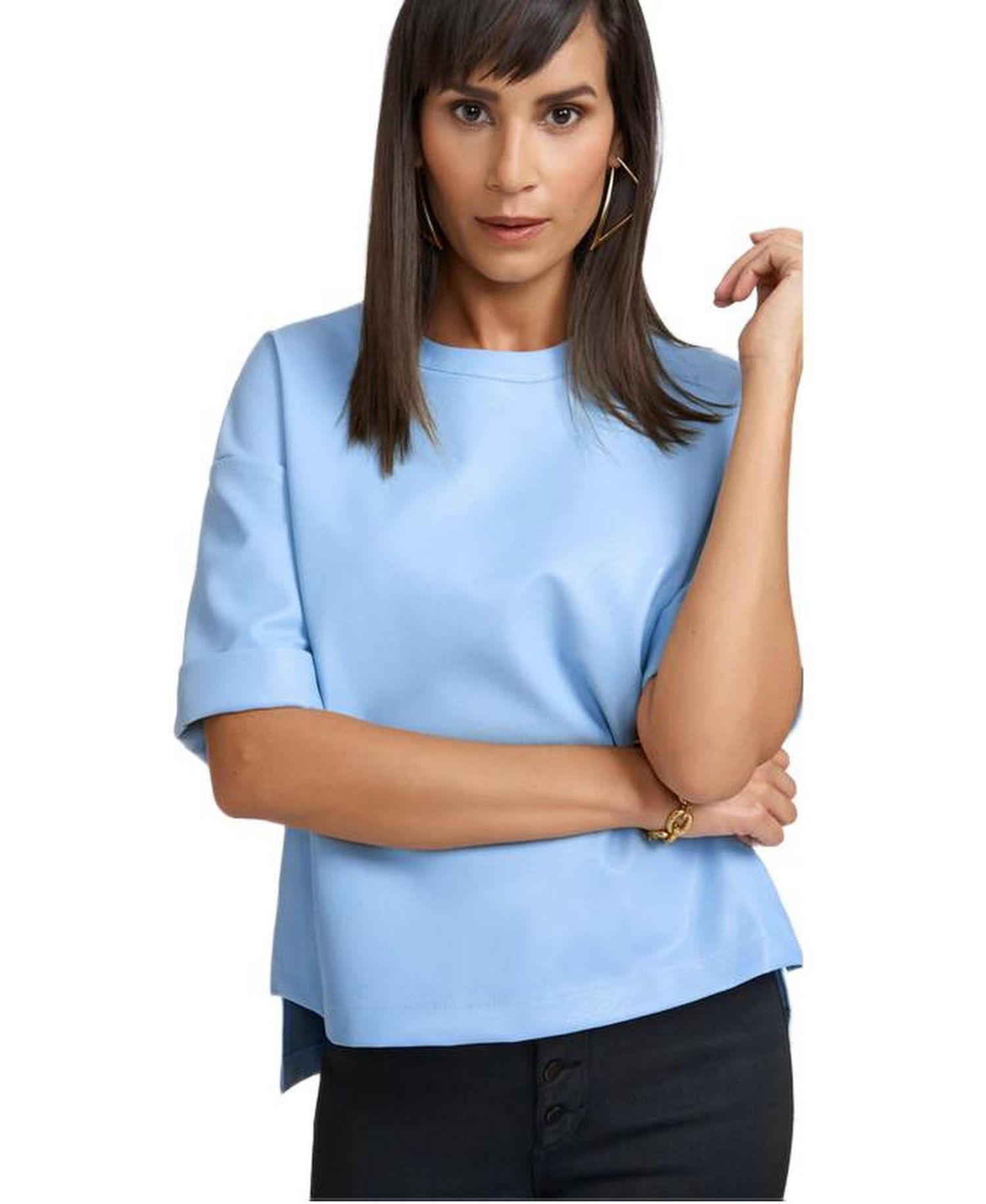 Women's Brooke Oversized Faux Leather Crew Neck Top with Back Zipper Detail