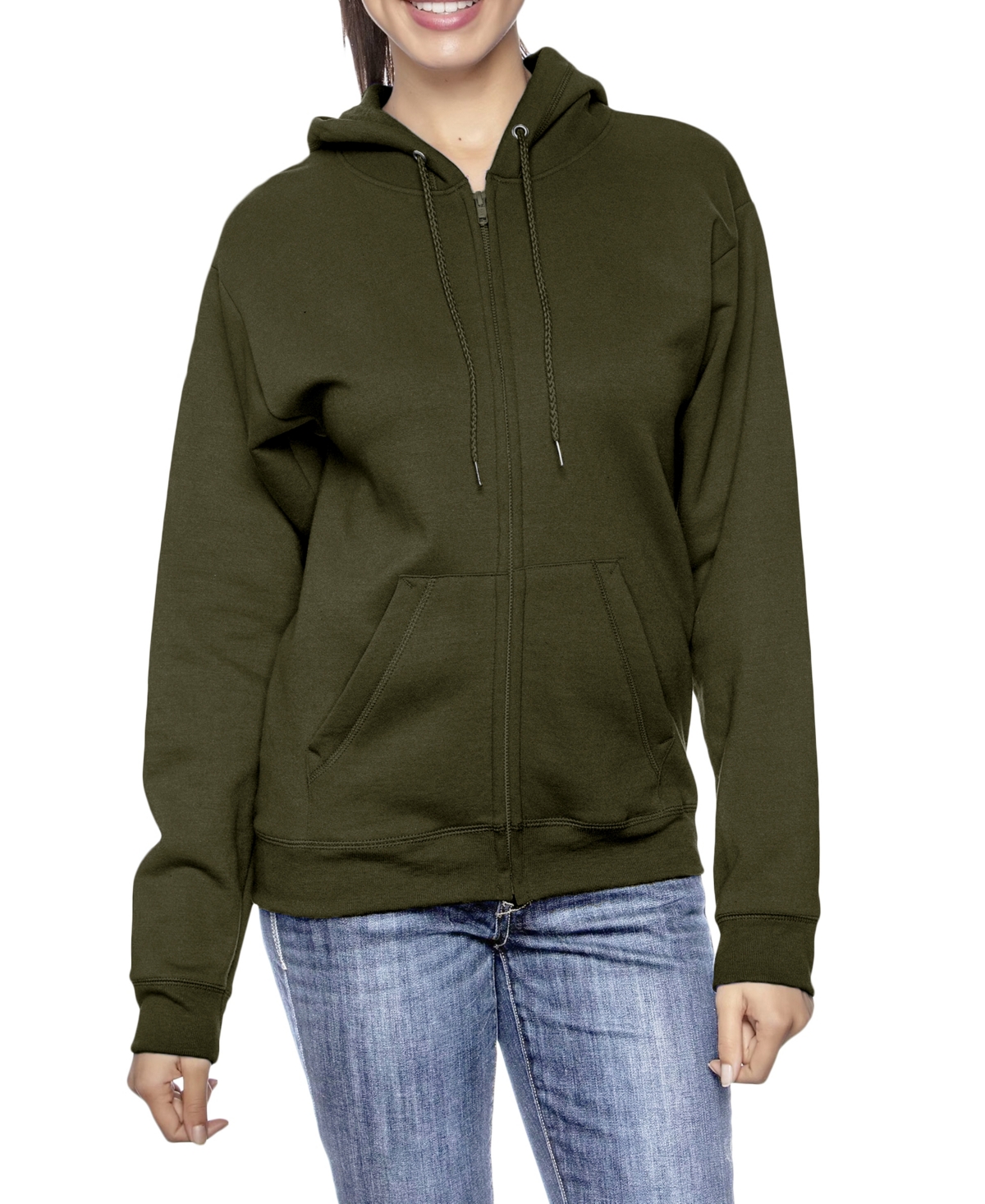 Women's Fleece-Lined Loose-Fit Full-Zip Sweater Hoodie - Olive
