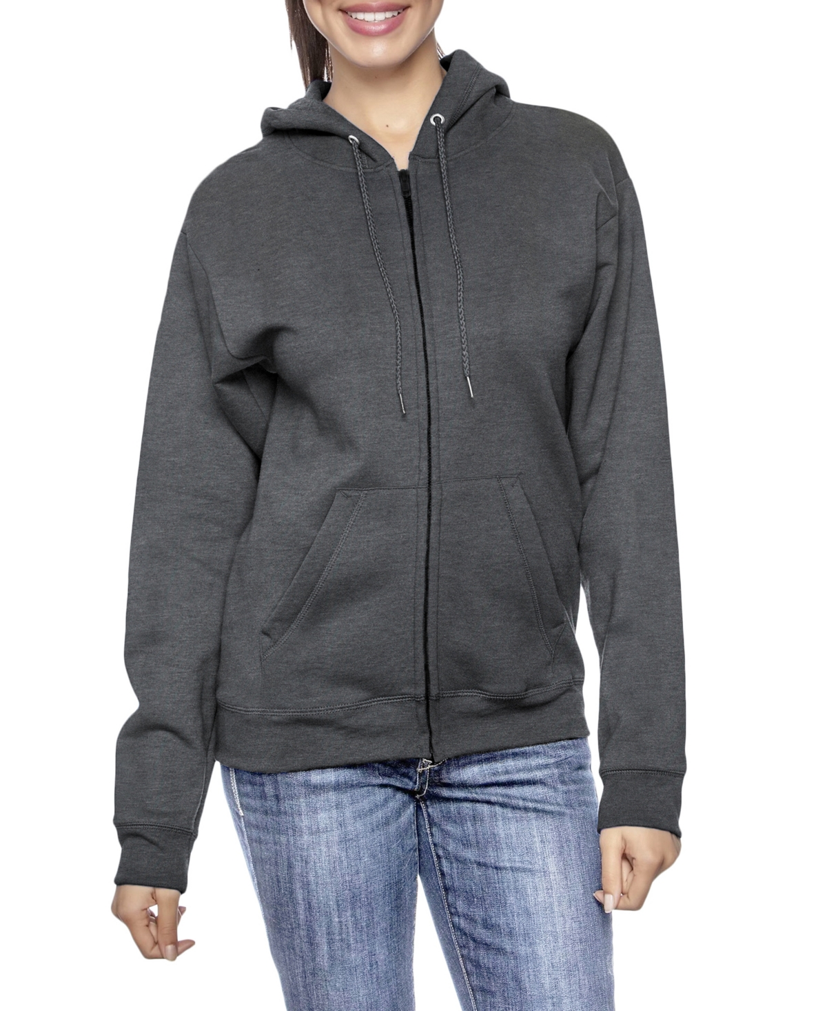 Galaxy By Harvic Women's Fleece-lined Loose-fit Full-zip Sweater Hoodie In Charcoal