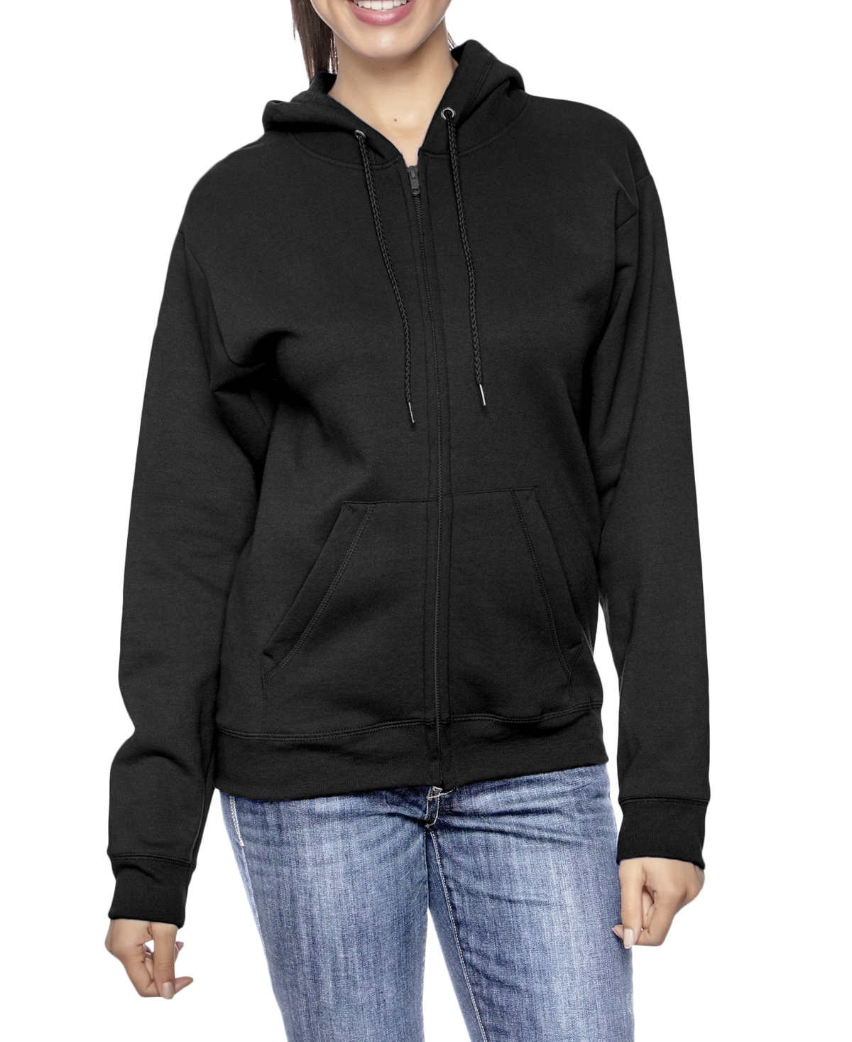 Galaxy By Harvic Women's Fleece-lined Loose-fit Full-zip Sweater Hoodie In Black
