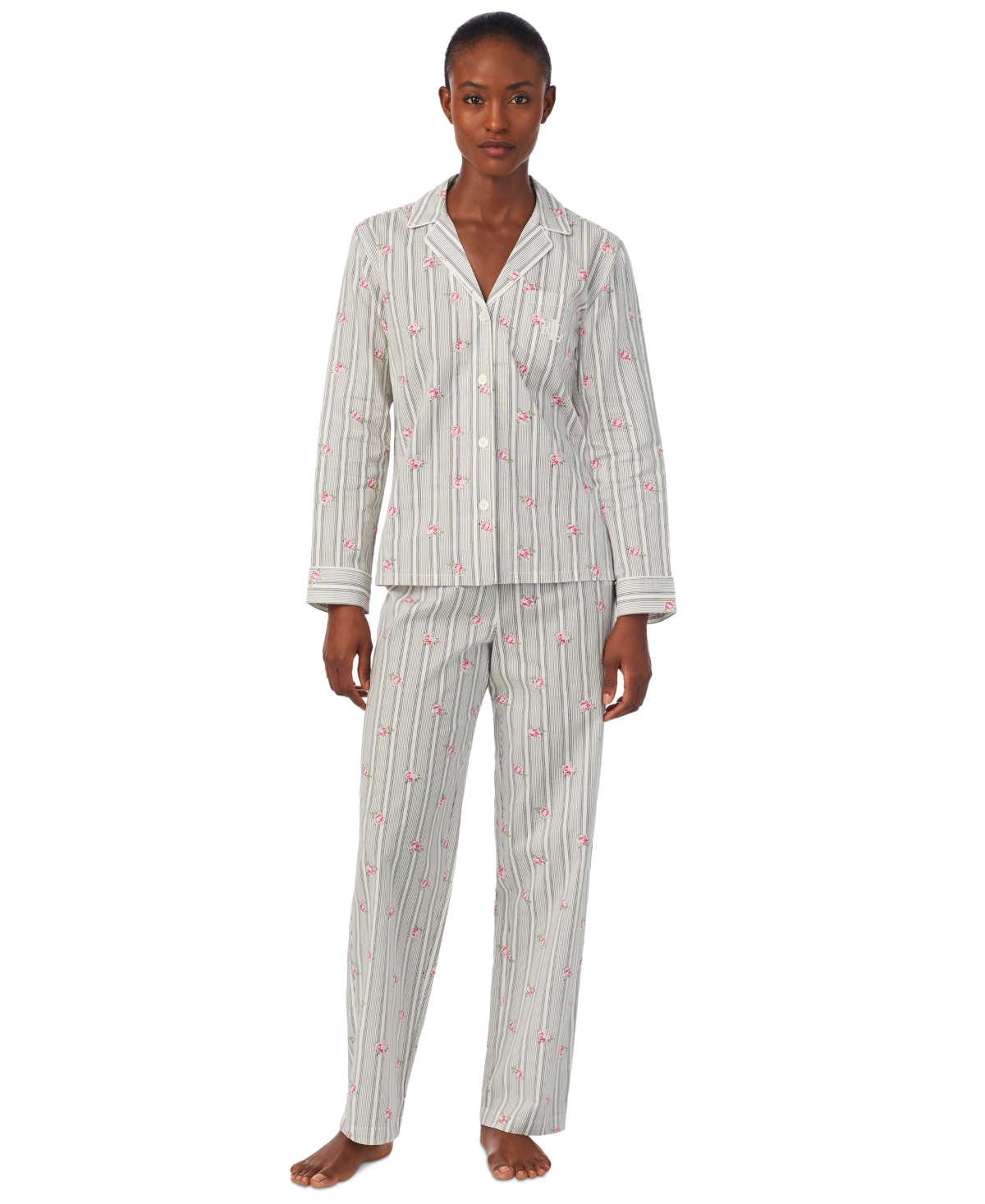 Lauren Ralph Lauren Petite 2-pc. Notched-collar Pajamas Set In White Floral