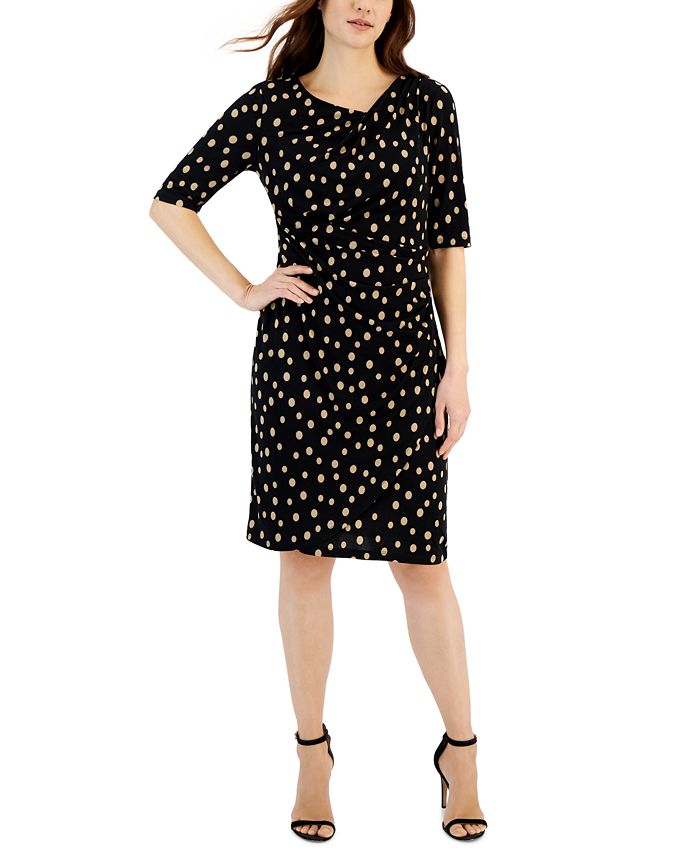 Connected Women's Dot-Print Asymmetrical-Neck Faux-Wrap Dress - Macy's