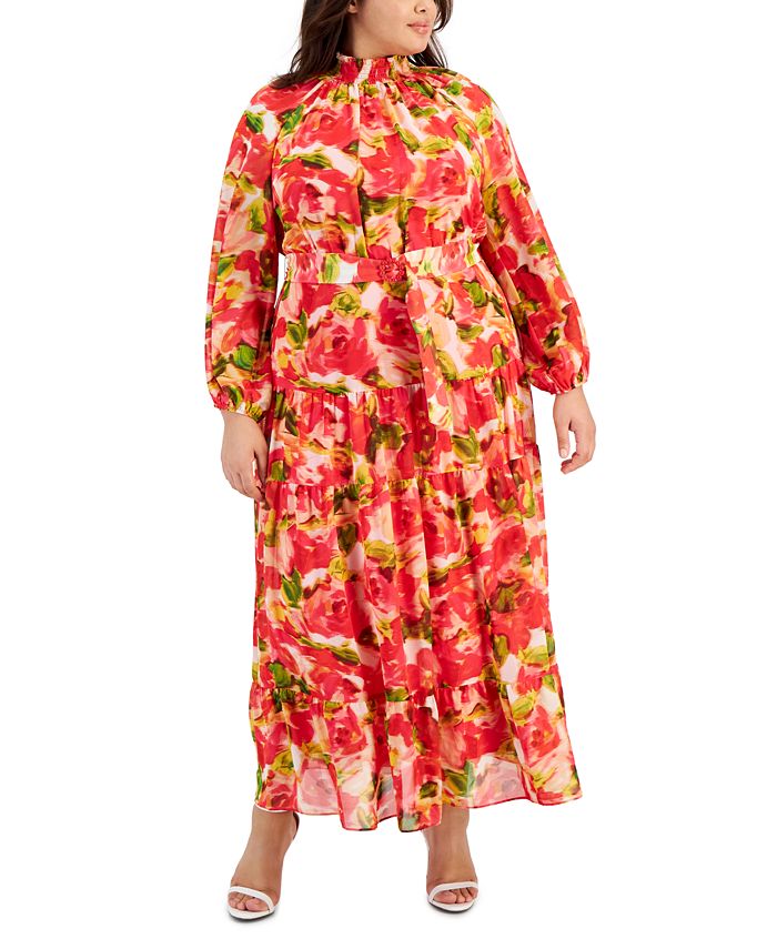 Taylor Plus Size Printed Belted Blouson-Sleeve Maxi Dress - Macy's