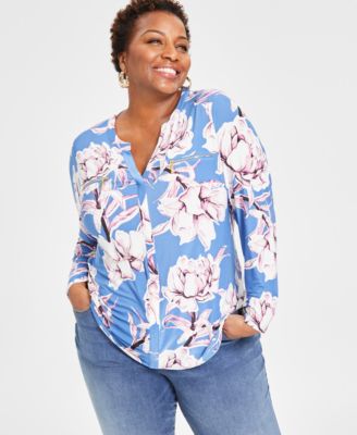 I.N.C. International Concepts - Plus Size Printed Zip-Detail Top