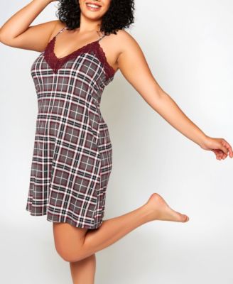Plus Size Modal Plaid Trimmed in Elegant Lace 1 Pc Nightgown
