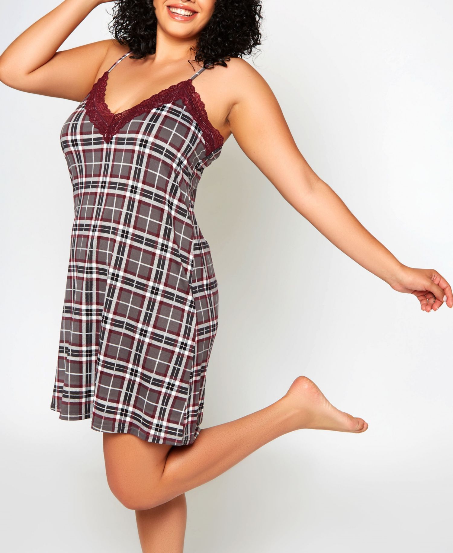 Plus Size Modal Plaid Trimmed in Elegant Lace 1-Piece Nightgown