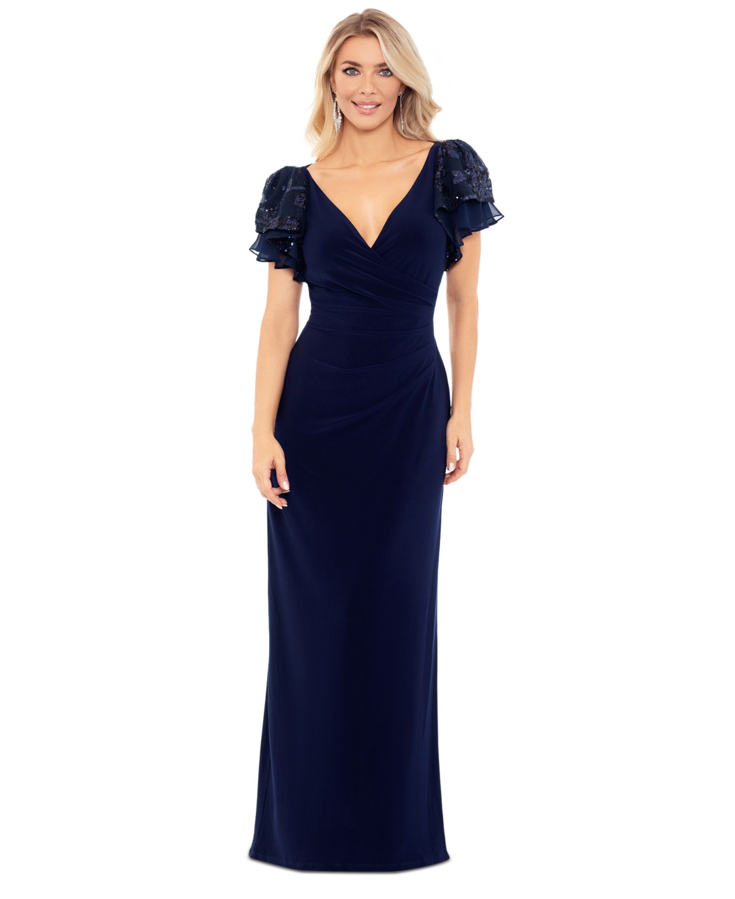 Petite Sequin-Sleeve Surplice-Neck Gown