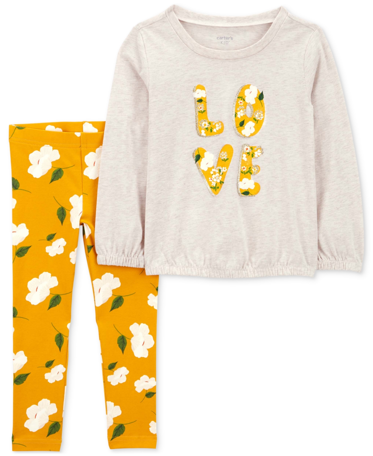 Carter's Babies' Toddler Girls 2-pc. Love Printed Long-sleeve Top & Floral-print Pants Set In Yellow