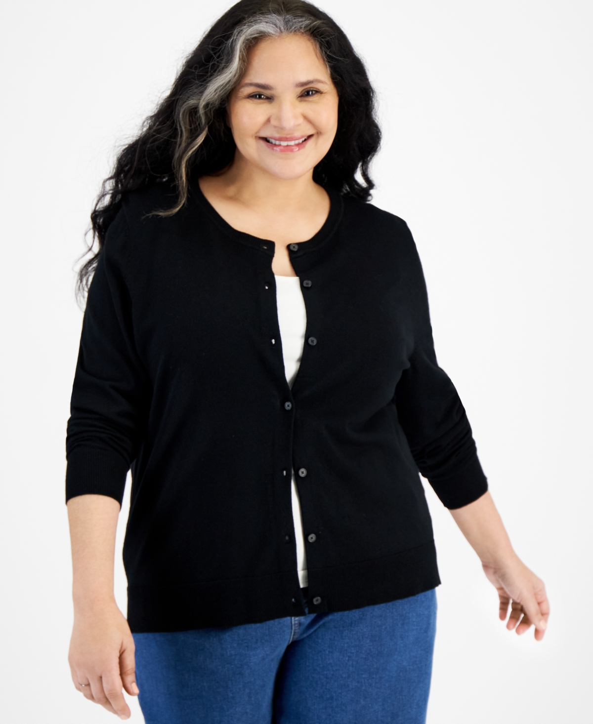 Style & Co Plus Size Button-front Cardigan, Created For Macy's In Deep Black