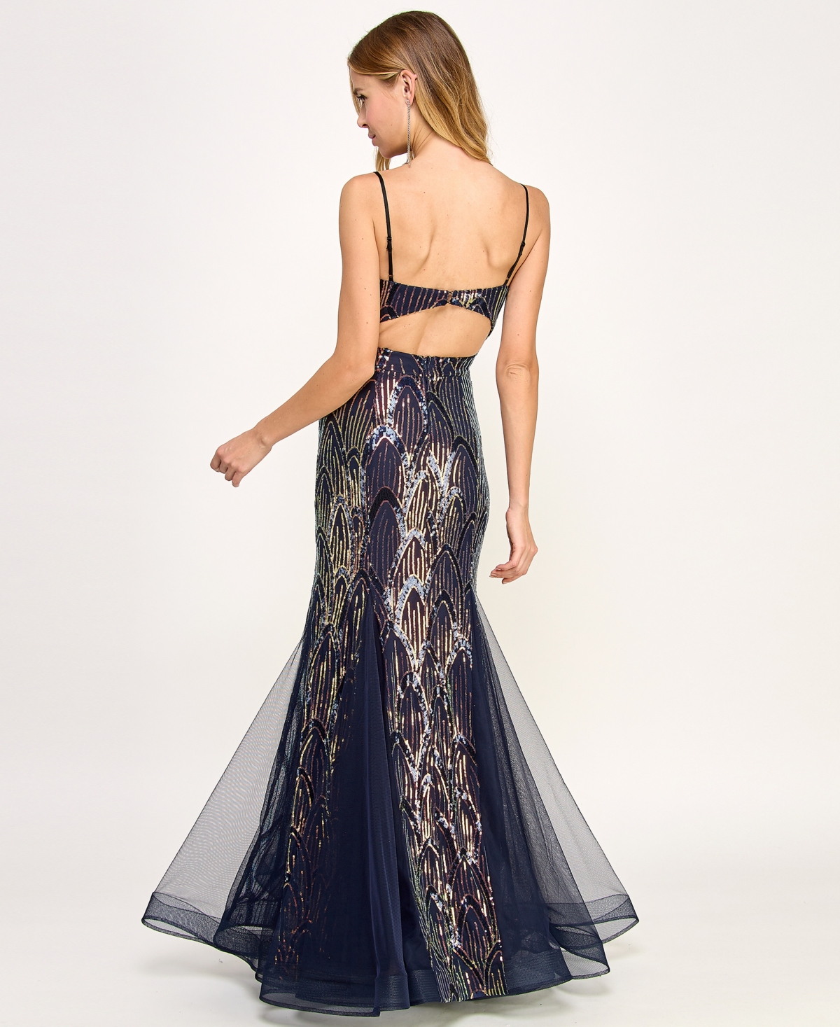 Shop City Studios Juniors' Sequin-pattern Mesh Mermaid Gown, Created For Macy's In Navy,iridescent