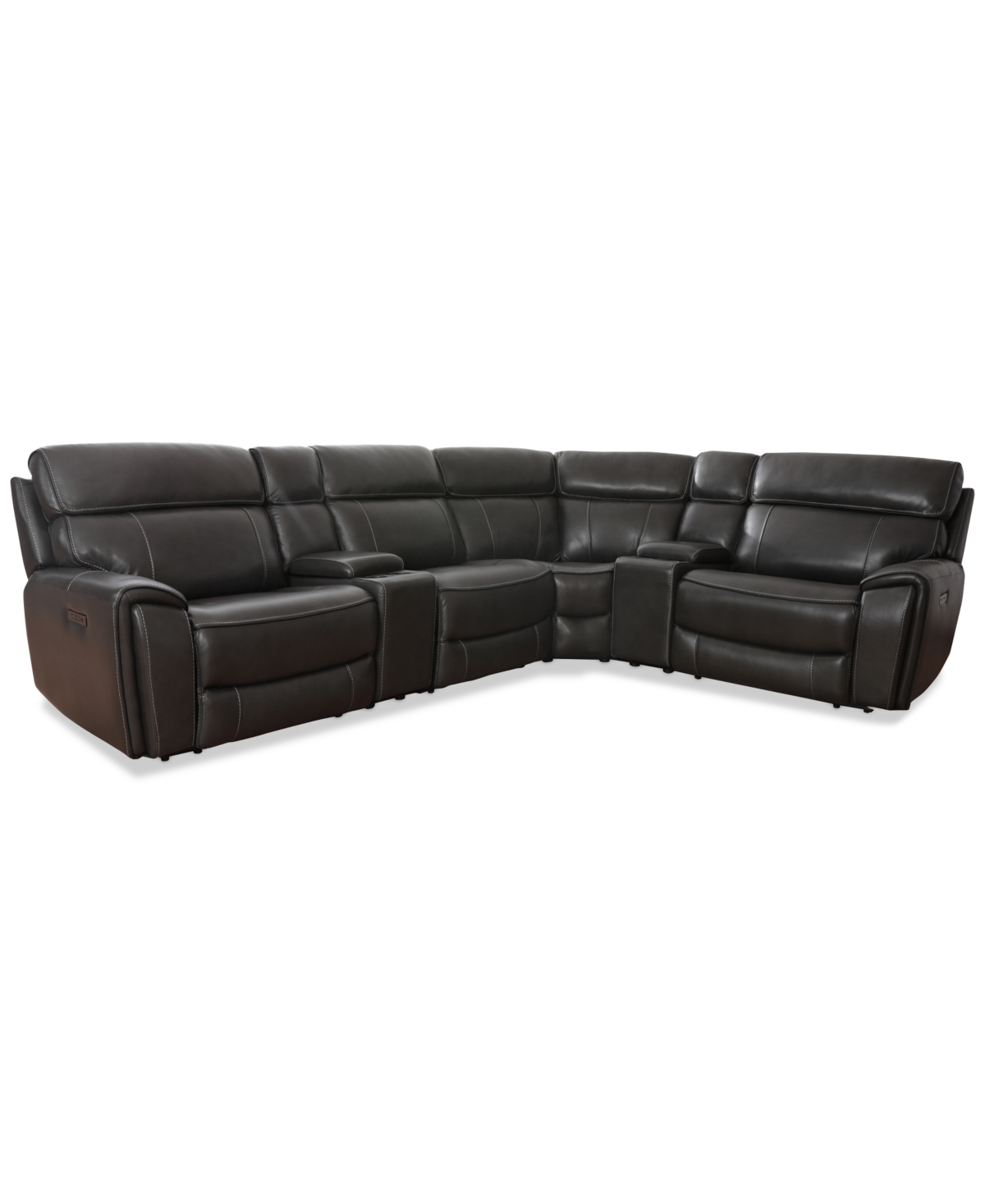 Macy's Hutchenson 132.5" 6-pc. Zero Gravity Leather Sectional With 2 Power Recliners And 2 Consoles, Create In Grey