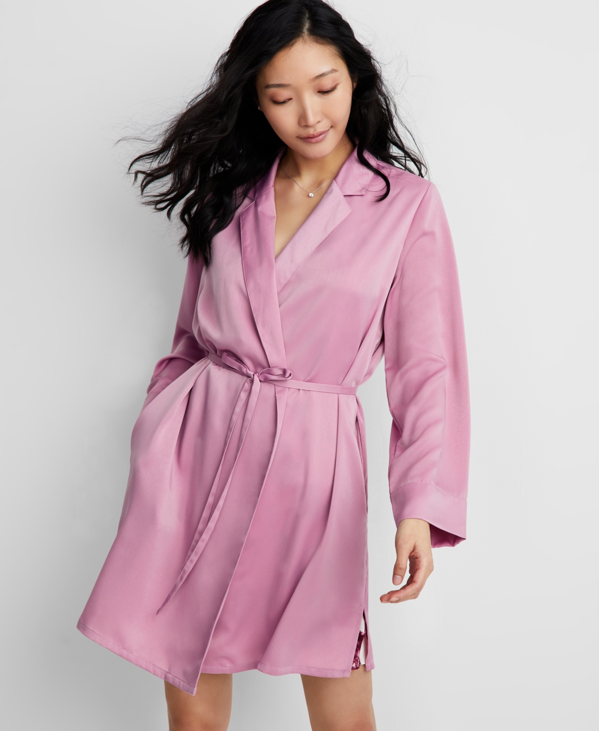 State Of Day Women's Crepe De Chine Self-tie Robe, Created For Macy's In Mauve Orchid