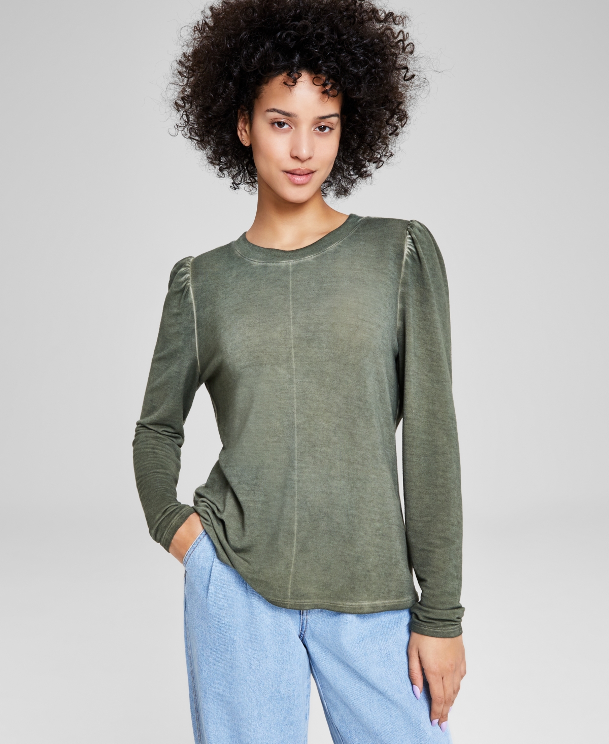 And Now This Women's Long Puff-sleeve Top, Created For Macy's In Crushed Oregano Wash