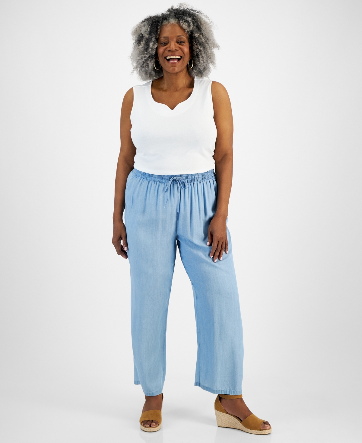 Style & Co Plus Size Chambray High Rise Wide Leg Pants, Created for Macy's