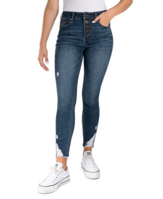 Juniors' Mid-Rise Button-Fly Distress Jeans 