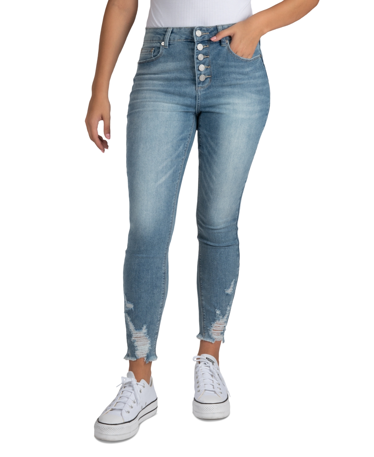 Juniors' Mid-Rise Button-Fly Distress Jeans - Med Blue
