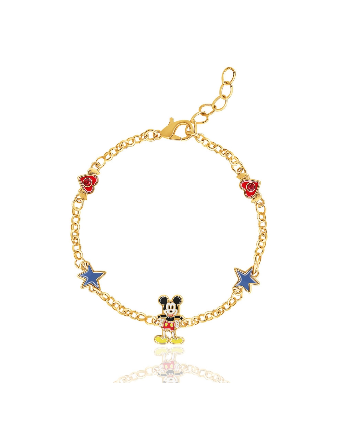 Womens Mickey Mouse Bracelet with Station Pendants 6.5" + 1" - Gold Plated Mickey Bracelet Officially Licensed - Gold tone, red, blue