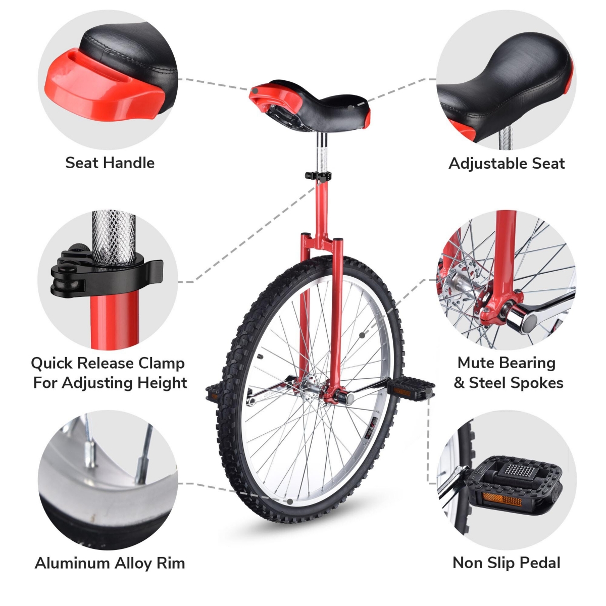 Yescom 24 In Wheel Outdoor Unicycle Adjustable Seat Anti-Skid Pedal Circus Bike for Adults Teenagers Kids, Red