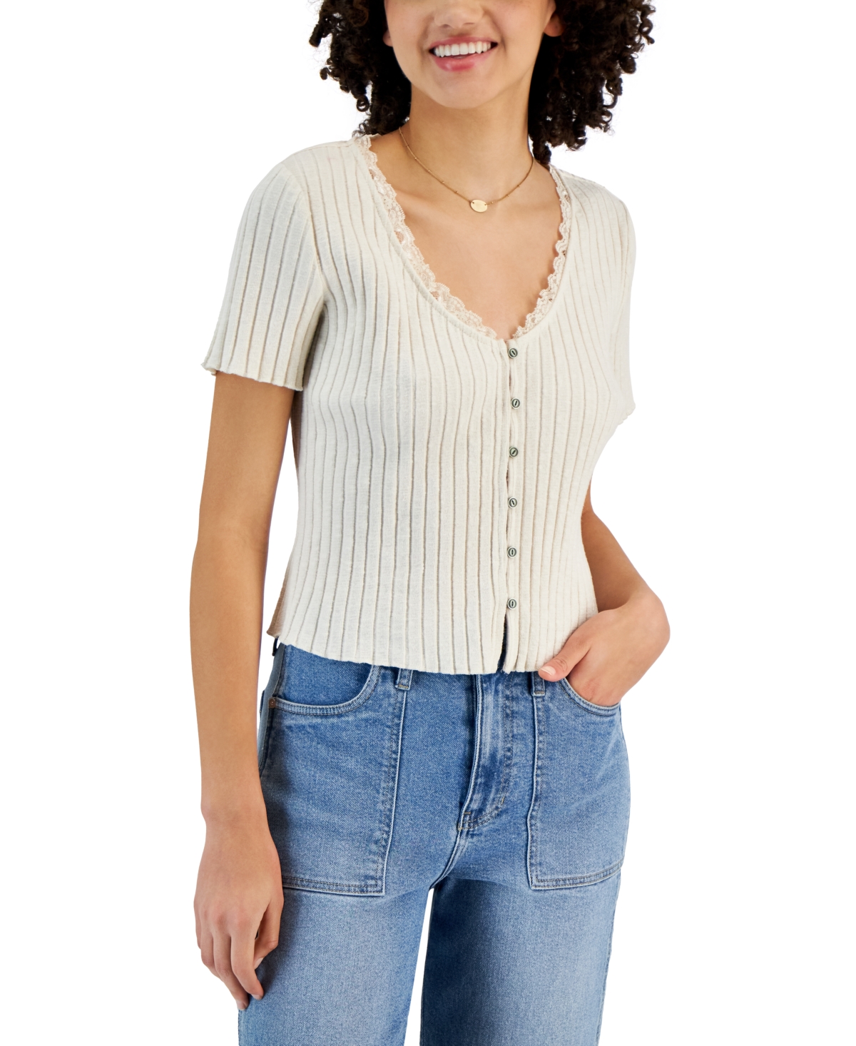 And Now This Women's Lace-trim Short-sleeve Rib-knit Top, Created For Macy's In Bone