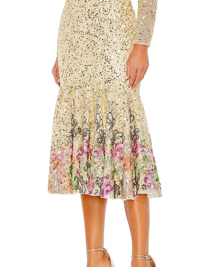Mac Duggal Women's Long Sleeve Faux Wrap Embellished Tea Length Dress ...
