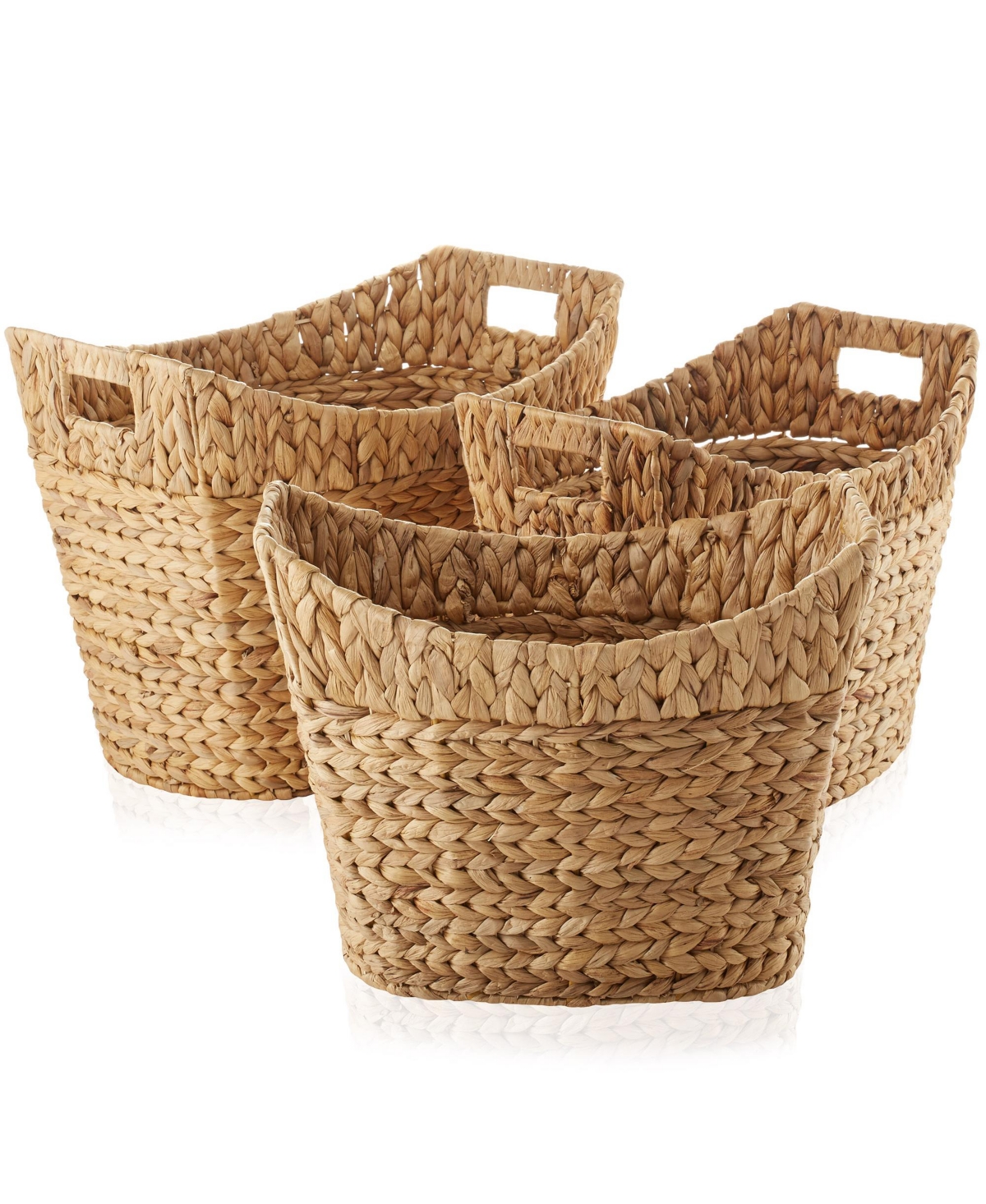 Set of 3 Oval Baskets with Handles, Water Hyacinth Woven Storage Totes for Blankets, Laundry, Bathroom, Bedroom, Living Room - Natural