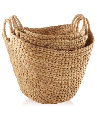 Set of 3 Boat Baskets with Handles - Natural, Woven Water Hyacinth Storage Organizers for Blankets, Laundry, Bathroom, Bedroom, Living Room