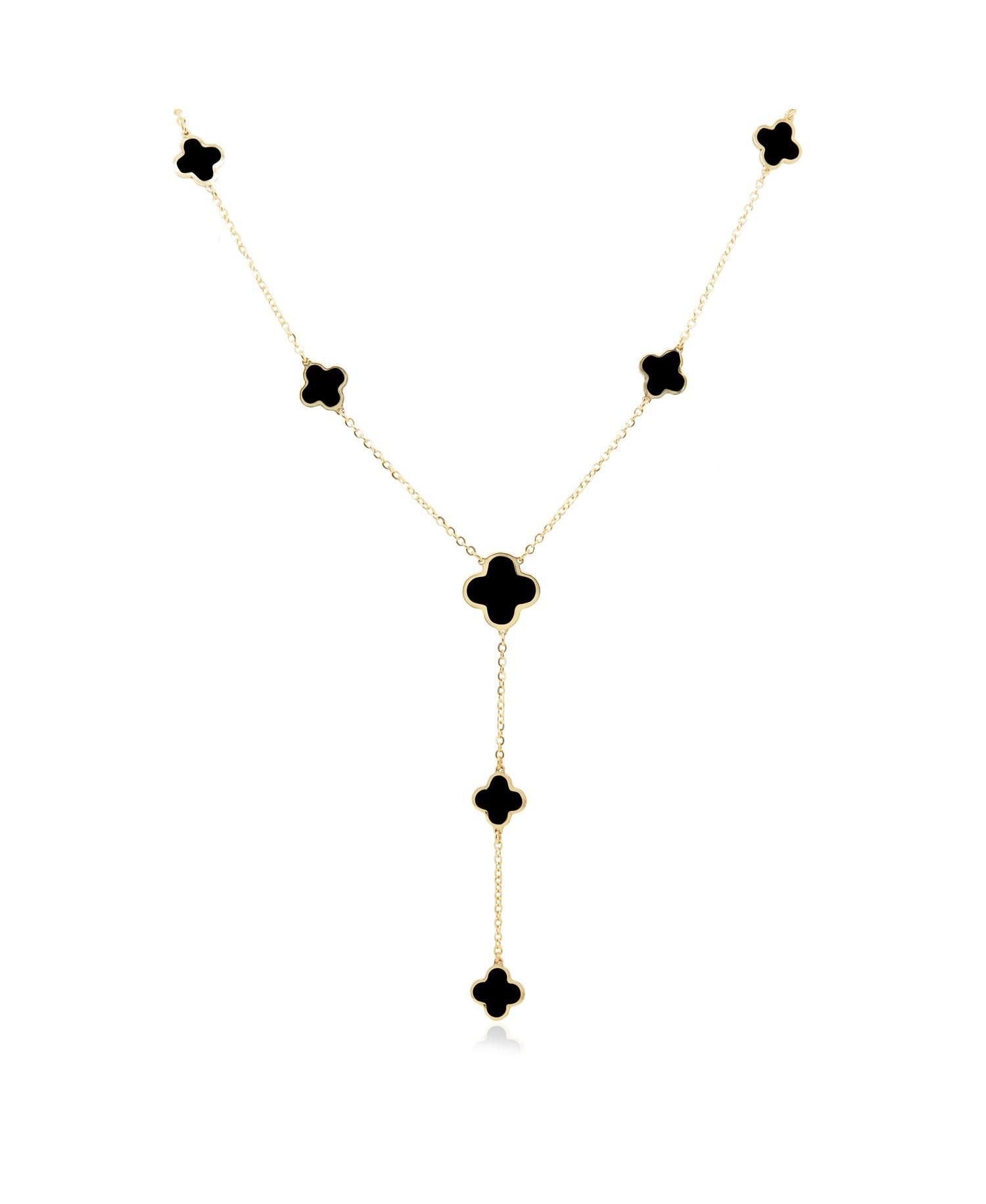 Onyx Clover Station Lariat Necklace 14K Yellow Gold