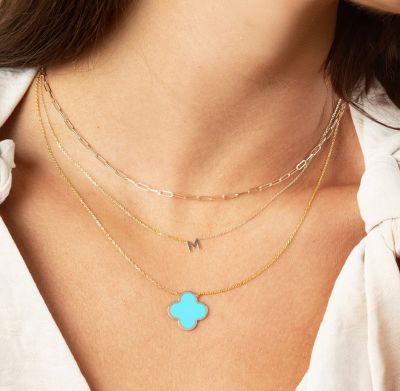 Extra Large Turquoise Single Clover Necklace 14K Gold