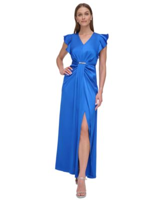 DKNY - Women's V-Neck Ruffle-Sleeve Draped Satin Gown