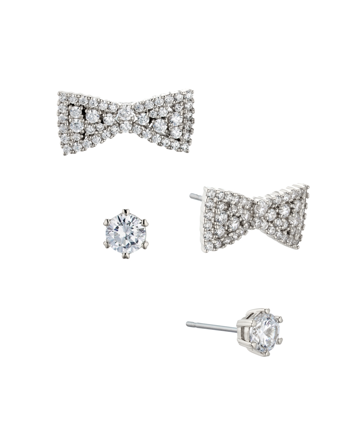 Silver-Tone Cubic Zirconia Bow Earrings and Stud Earrings Set of Two Pair - Silver