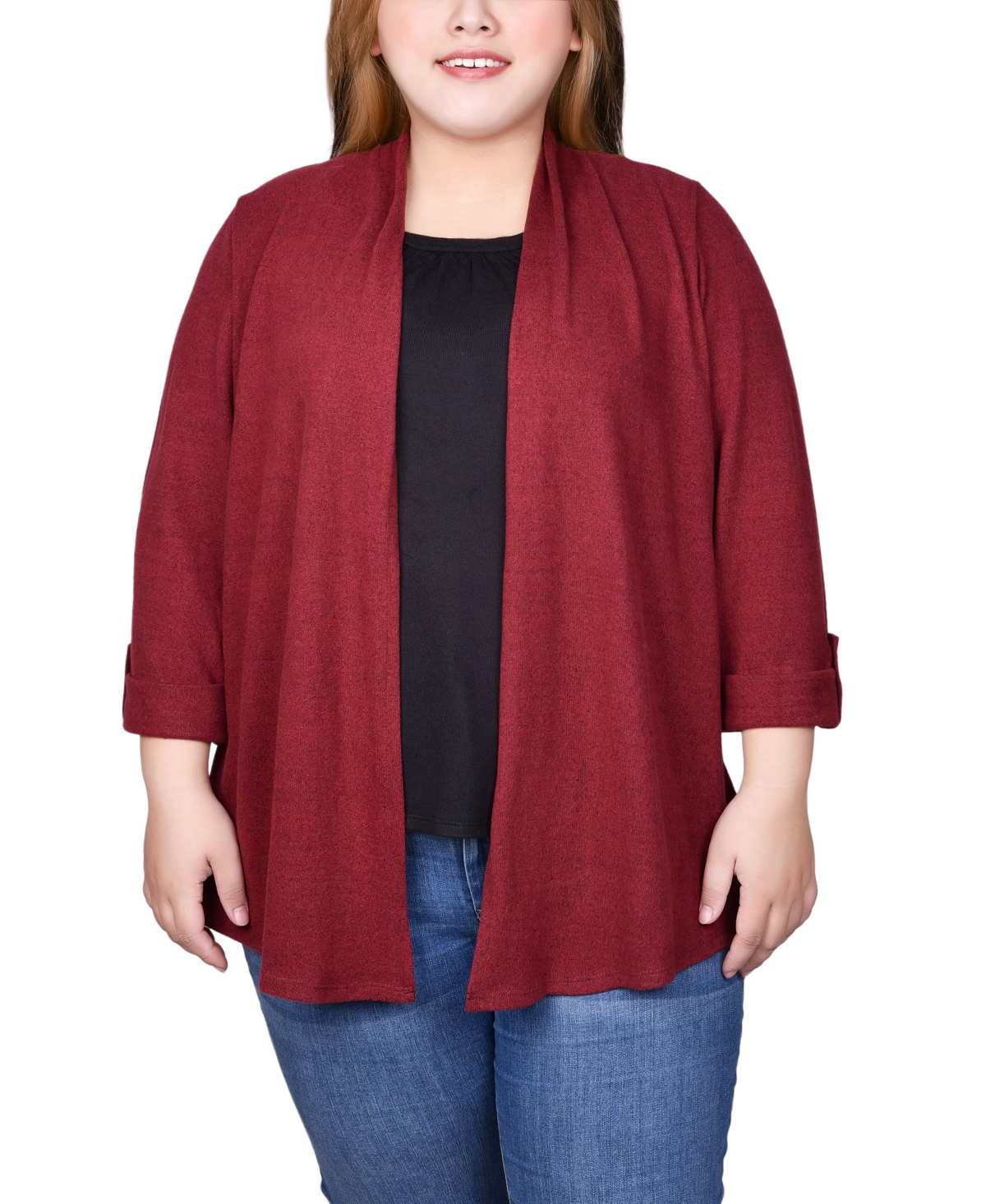 Ny Collection Plus Size 3/4 Sleeve Two In One Top In Red Dahlia