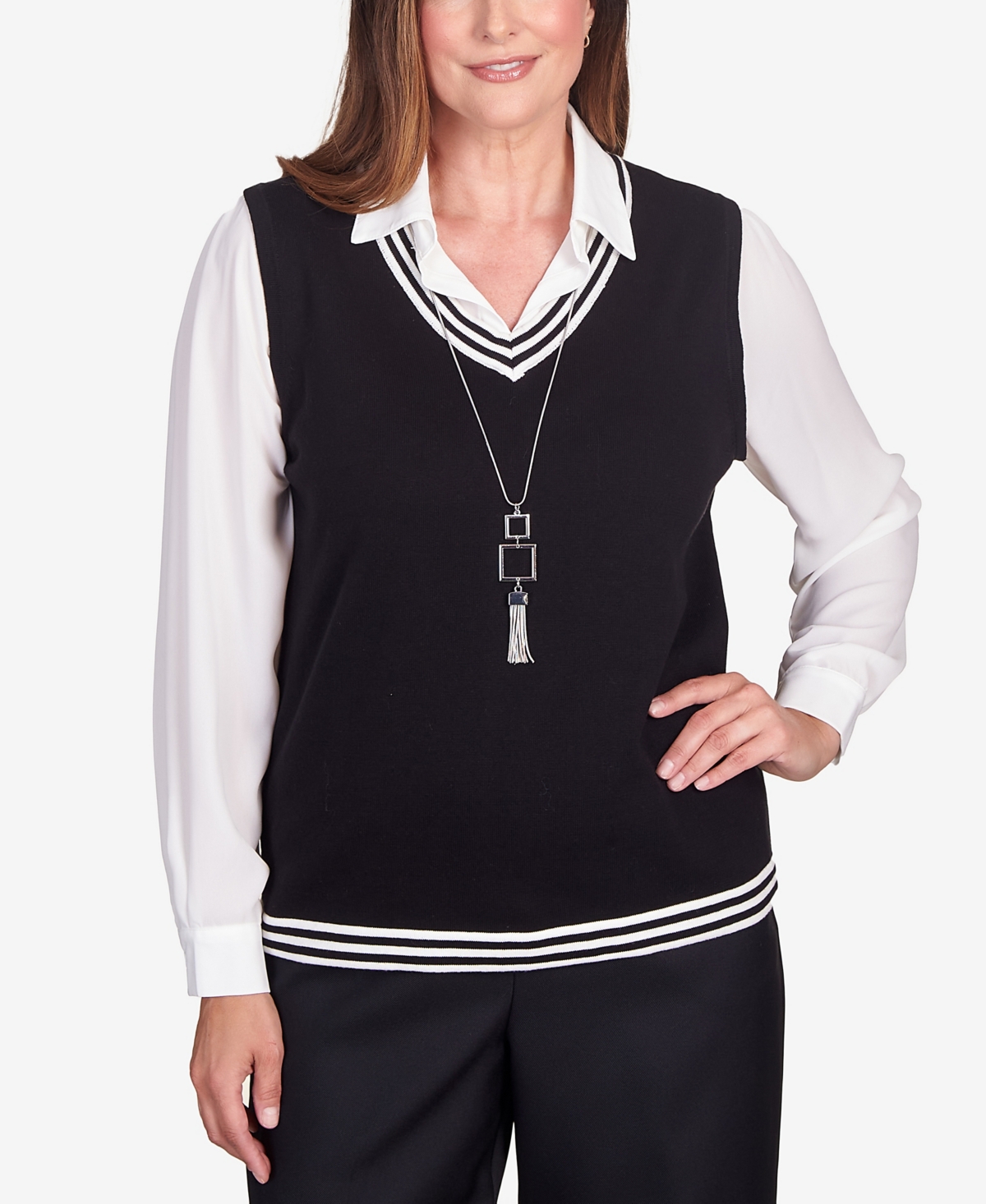 Shop Alfred Dunner Women's Downtown Vibe Stripe Trim Vest With Attached Collared Sweater In Ebony,white