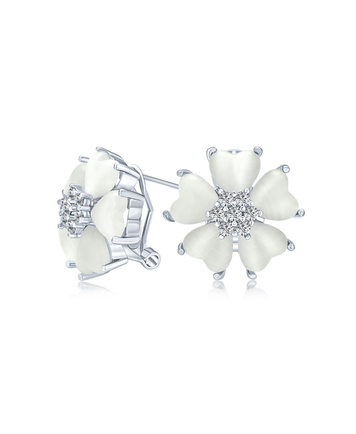Cat Eye Quartz Heart-Shaped Petals Flower Stud Earrings Silver Plated
