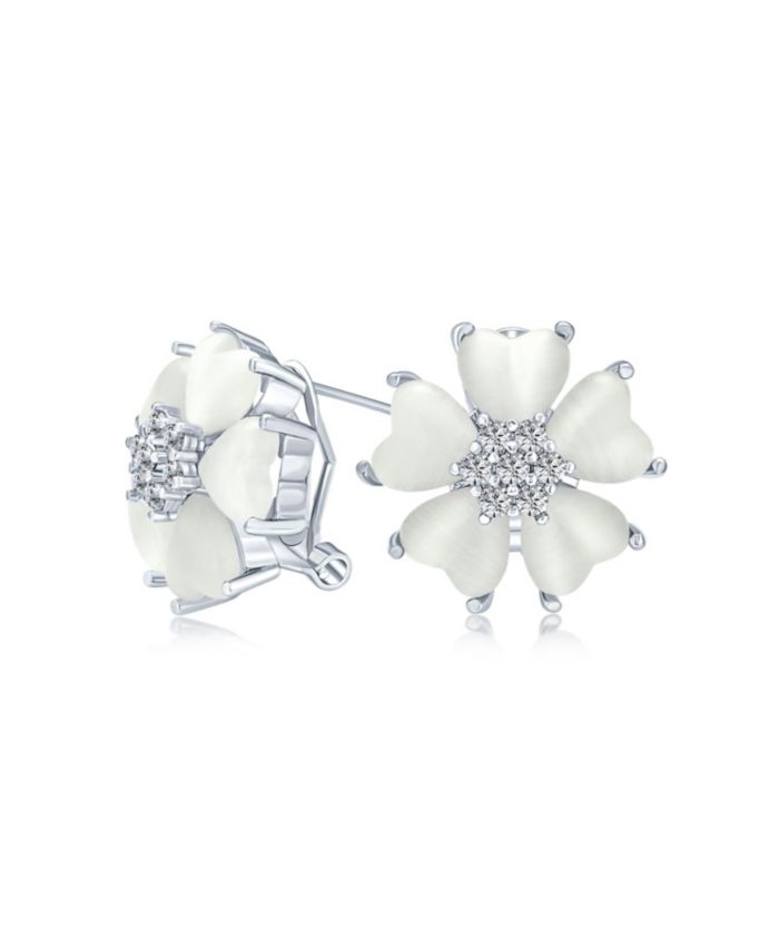 Bling Jewelry Cat Eye Quartz Heart-Shaped Petals Flower Stud Earrings