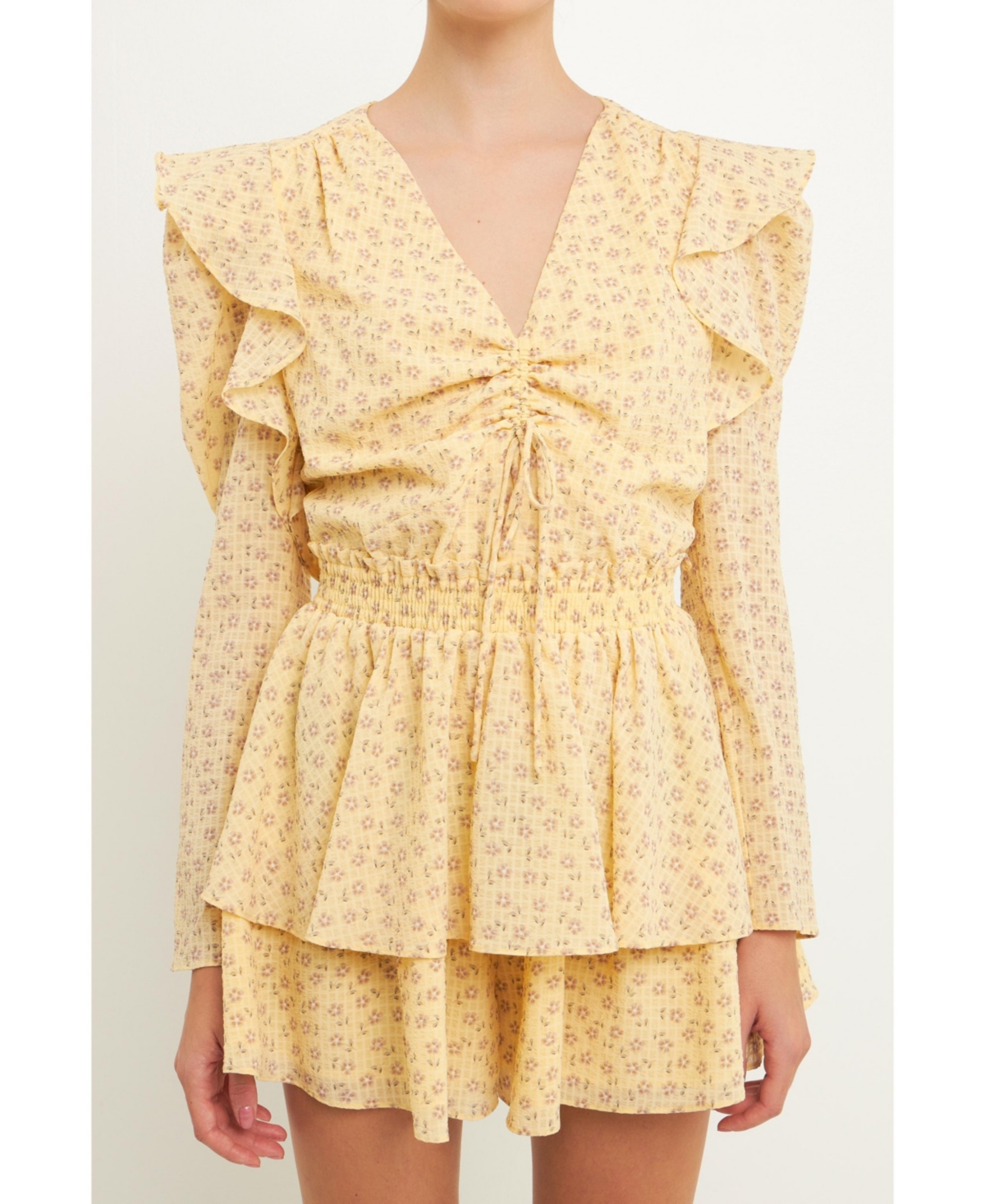 Endless Rose Ruched Front Long Sleeve Floral Romper In Yellow