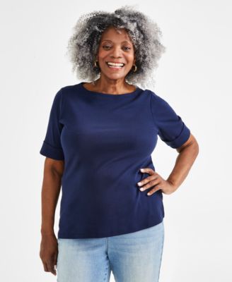 Women's Boat-Neck Elbow Sleeve Cotton Top, Exclusively at Macy's