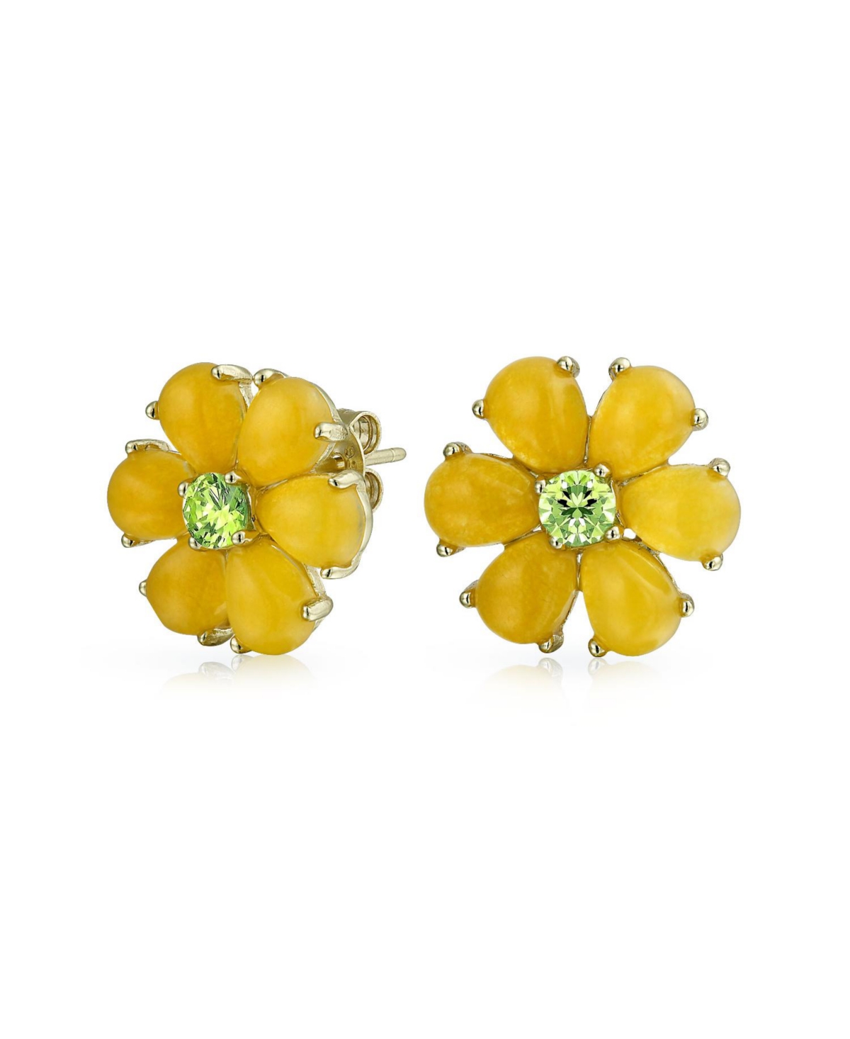 Lemon Yellow Dyed Quartz Garden Flower Stud Earrings: Button-Style with Green Cz, Non-Pierced for Women - 14K Gold-Plated .925 Sterling Silver - Yello