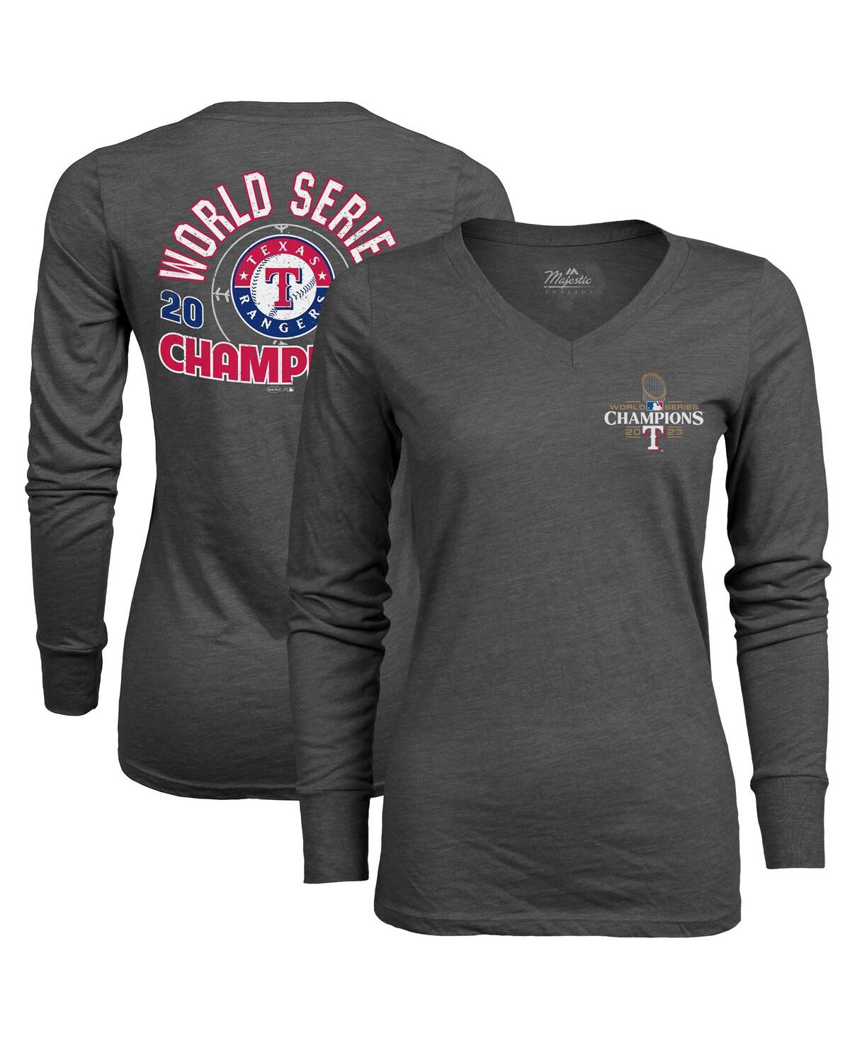 Women's Majestic Threads Charcoal Texas Rangers 2023 World Series Champions Power Play Tri-Blend V-Neck T-shirt - Charcoal