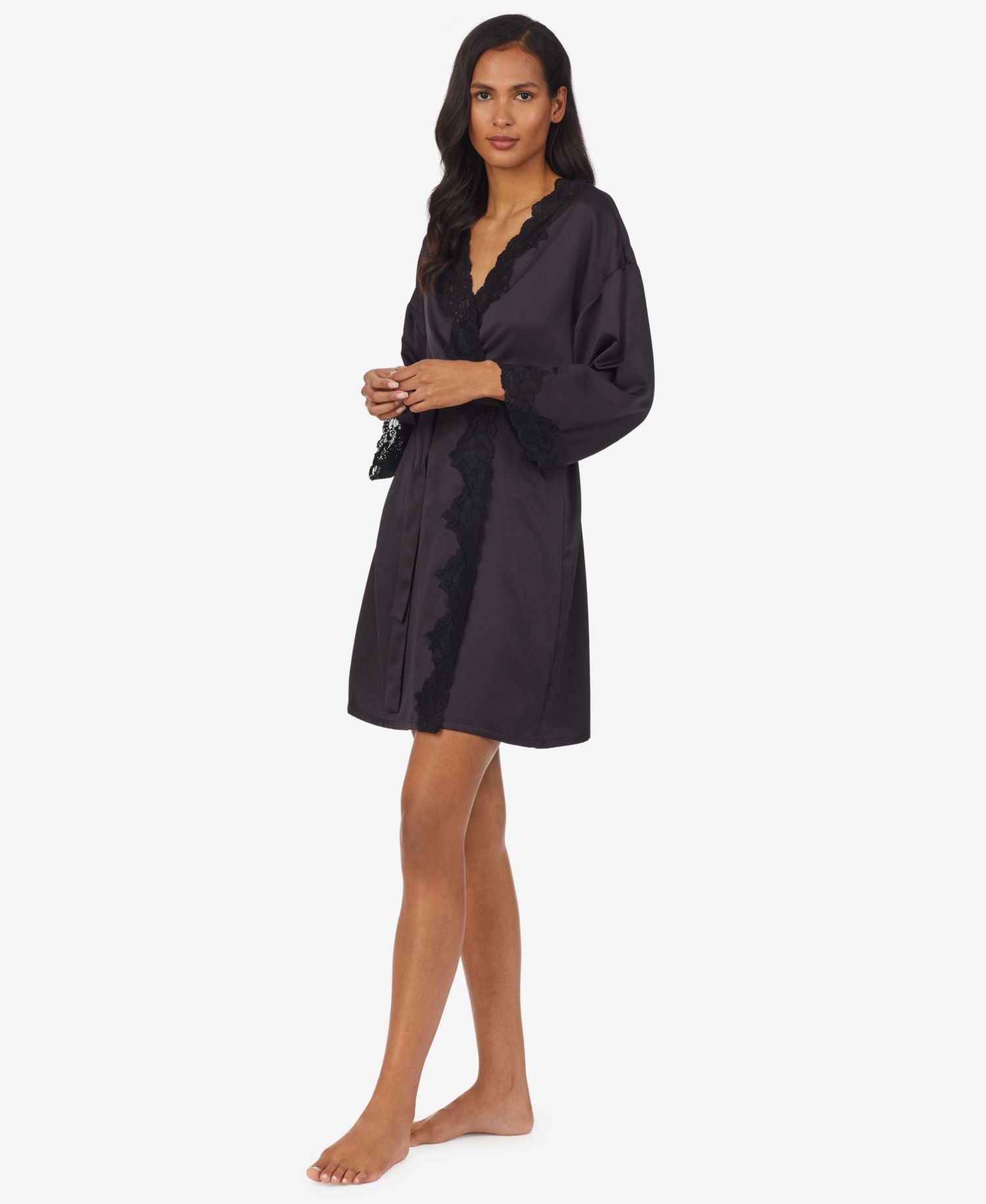 Lauren Ralph Satin Lauren Lace-Trim Wrap Robe Lingerie