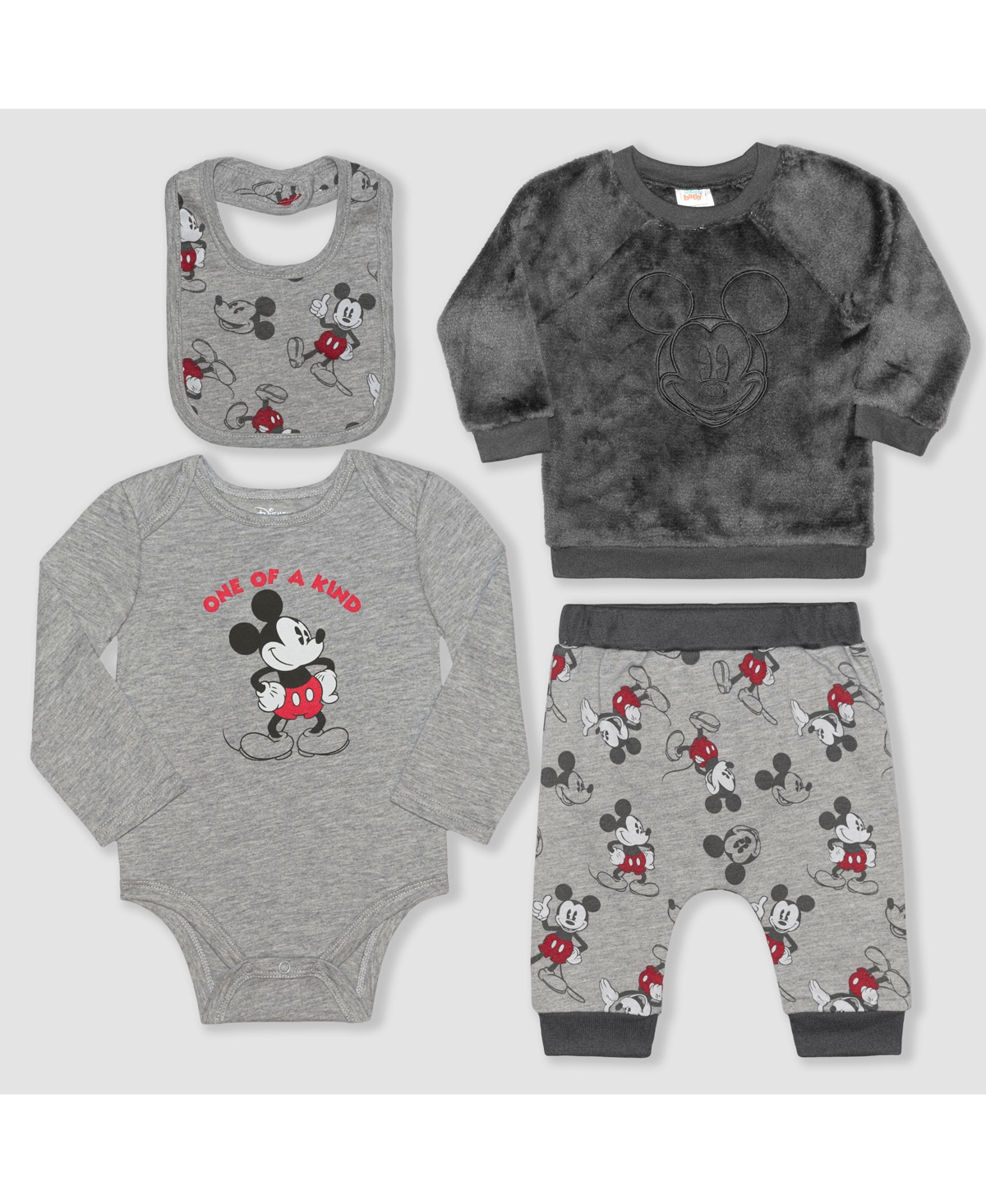 Disney Baby Boys Mickey Mouse Wubby Fleece Top, Pants, Bodysuit And Bib Set In Dark Gray,gray Heather
